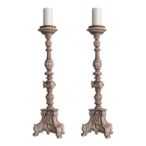 Pair of Monumental Distressed Carved Wood Pricket Floor Candlesticks, 36.5 Inches Tall