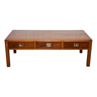 Vintage Military Campaign Yew Wood and Brass 3 Drawer Coffee Table For Sale