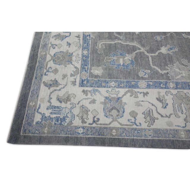 Modern Early 21st Century Gray & Blue Floral Design Handwoven Wool Modern Turkish Oushak Rug 9'9" X 13'11" For Sale - Image 3 of 10
