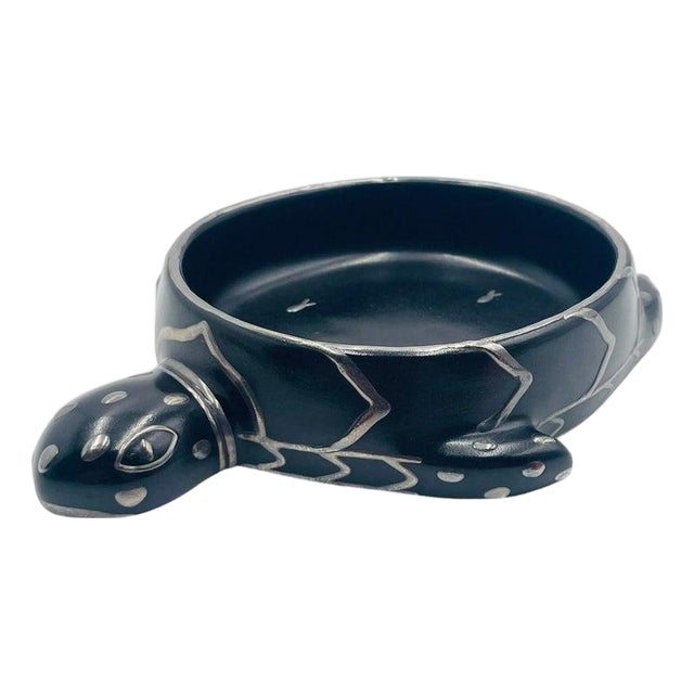 1980s Emilia Castillo Turtle Catchall Bowl in Black Porcelain & Pure Silver, Mexico For Sale