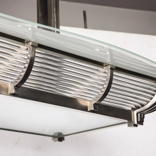 Art Deco Machine Age Silvered Bronze & Frosted Glass Chandelier Signed Petitot For Sale - Image 17 of 18
