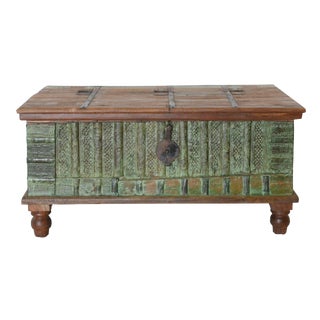 Teak Vintage Trunk With Aged Patina Finish and Metal Hardware For Sale