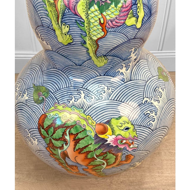 Vintage 29" Chinese Kangxi Qing Porcelain Dragon Double-Gourd Floor Vase For Sale - Image 9 of 11