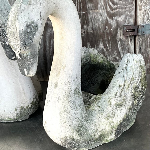 Sculpture Materials Vintage Coastal Patinated Cast Concrete Swans - a Pair For Sale - Image 7 of 9