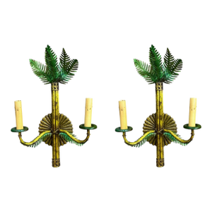 Mid-Century Hollywood Regency Italian Tole Metal Palm Tree Sconces - Pair