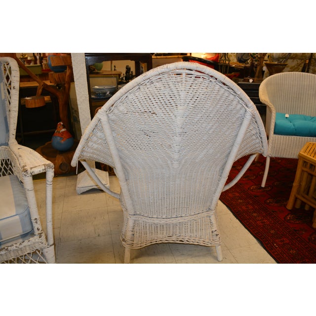 Vintage White Wicker Oversized Fan Back / Cobra Patio Arm Chair With Blue Stripe Cushion For Sale - Image 11 of 12