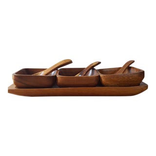 1970s Boho Chic Wooden Serving Dishes and Spoons on Tray - 7 Piece Set For Sale