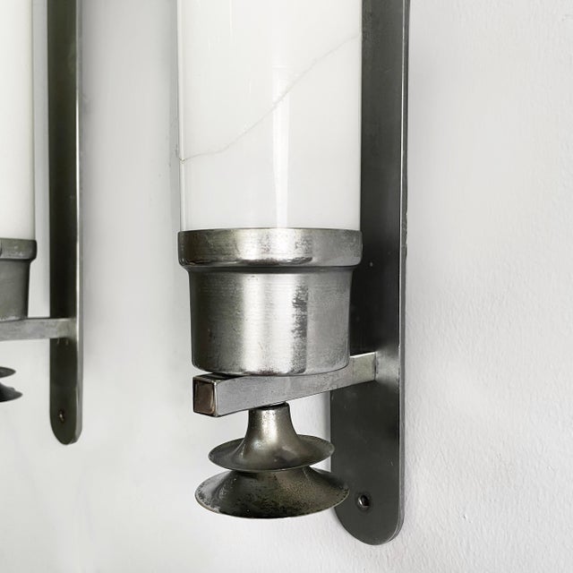 Italian Art Deco Cylindrical Wall Lamps in Opaline Glass and Metal, 1930s, Set of 2 For Sale - Image 9 of 17