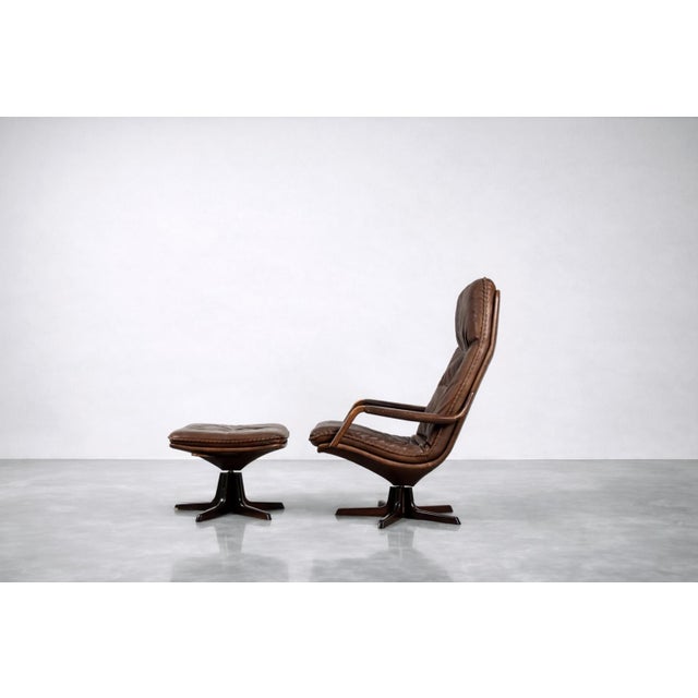 Set of Mid-Century Danish Modern Brown Leather Adjustable Easy Chair and Ottoman from Berg Furniture, 1970s For Sale - Image 17 of 18