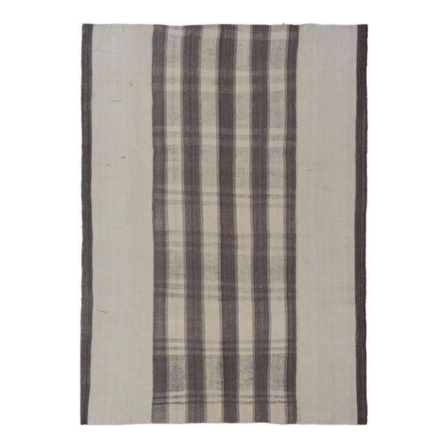 Large Vintage Hand Woven Turkish Kilim Rug With Stripes in Gray, White & Cream For Sale