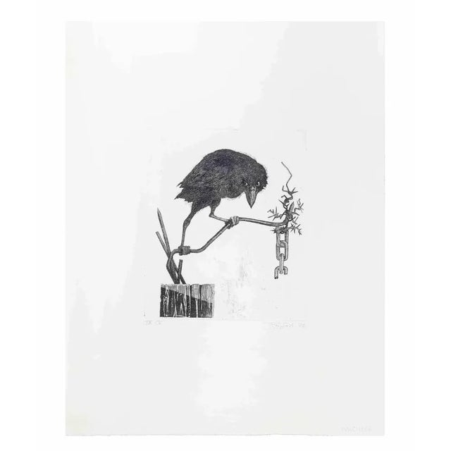 Crow on the branch is an artwork realized in 1972 by the italian contemporary artist leo guida (1992 - 2017). Original...