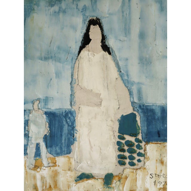 Blue 1976 Modernist 'Seaside Stroll' Vintage Mini Swedish Original Figurative Oil Painting, Framed For Sale - Image 8 of 12