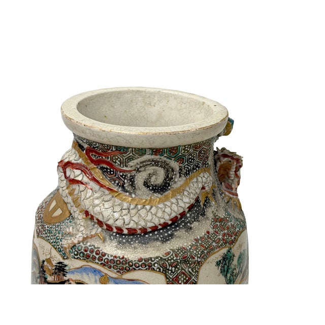 Vintage Asian Satusma Ceramic Handpainted Samurai Relief Dragon Motif Vase For Sale - Image 14 of 18