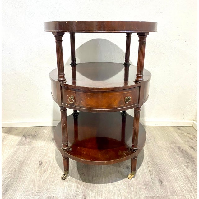 English Vintage Leather-Topped Mahogany Three-Tier Oval Shaped Rolling Bar Cart With Drawer For Sale - Image 3 of 11