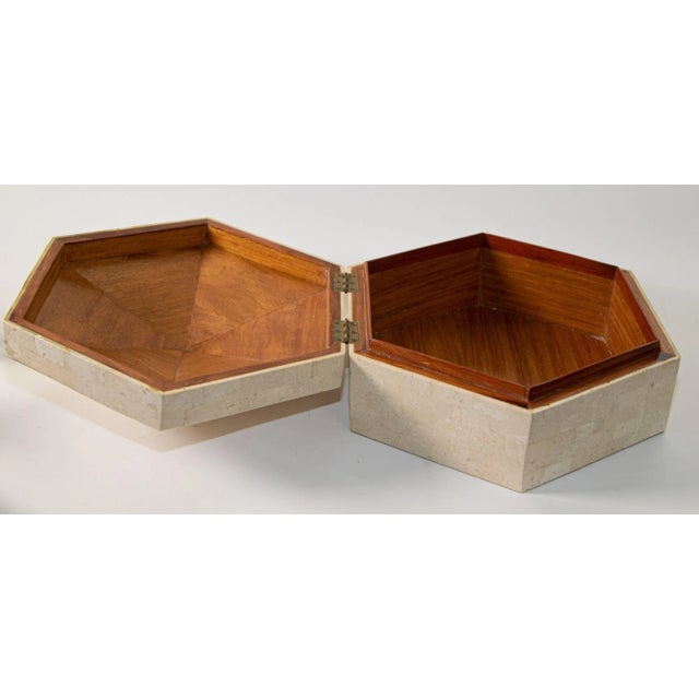 Stone Maitland Smith Post Modern White Tessellated Hexagonal Stone Box 1980's For Sale - Image 7 of 12