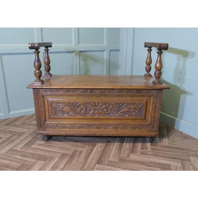 Carved Golden Oak Coffer, Hall Seat This is a lovely old piece and a very useful Hall Bench, it has storage under the...