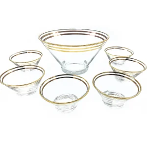 Vintage French Mid Century 7 Piece Salad Bowl Set With Gold Rim Detailing