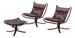 Vintage Falcon Chairs and Ottoman in Brown Leather and Plywood by Sigurd Ressell for Vatne Møbler, 1970s, Set of 3
