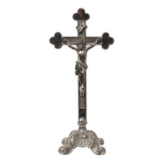 French Silver-Plated Standing Crucifix on Scrolled Tripod Base, 1900 For Sale