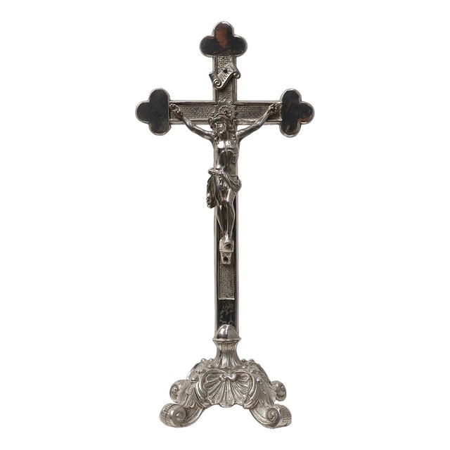 French Silver-Plated Standing Crucifix on Scrolled Tripod Base, 1900 For Sale