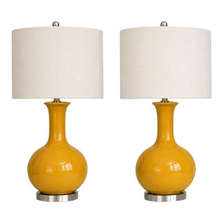 Late 20th Century Mustard Ceramic Gourd Table Lamps With Linen Drum Shades - a Pair For Sale