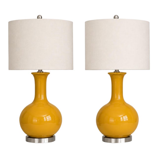 Late 20th Century Mustard Ceramic Gourd Table Lamps With Linen Drum Shades - a Pair For Sale
