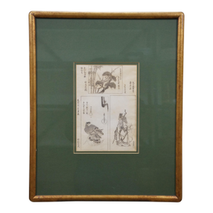 Antique Japanese Ukiyo-E Gnarled Pines Falcon Jurojin Deer Woodblock Print 21"