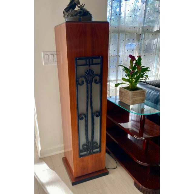 1940s Art Deco Mahogany Lighted Column, French Rod Iron Frosted Glass and Mahogany Wood Lighted Pedestal For Sale - Image 12 of 12