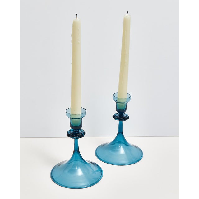 1960s Mid Century Blue Glass Orrefors Swedish Candlestick Pair For Sale - Image 5 of 15