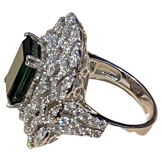 Arts & Crafts 6.5 Carat Green Tourmaline & 4.2 Carat Diamond Cocktail Ring 18 Karat White Gold For Sale - Image 3 of 18