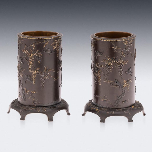 Antique Japanese Meiji Inlaid Bronze Cylindrical Brush Pots, 19th Century, Set of 2 For Sale - Image 5 of 18