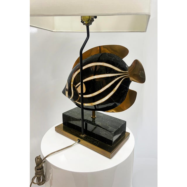 1980s Vintage Maitland Smith Tessellated Fish Lamp in Stone, Abalone, and Brass For Sale - Image 5 of 6