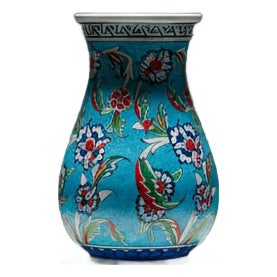 Handmade Ceramic Pear Vase (20cm) – Vibrant Aegean Turquoise – Geometric Meander Rim & Red Florals For Sale