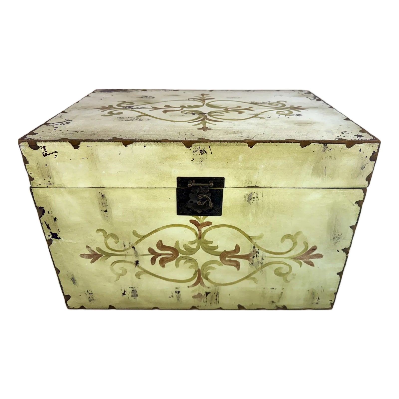 Vintage Distressed Hand-Painted Italian Style Storage Trunk With Floral ...