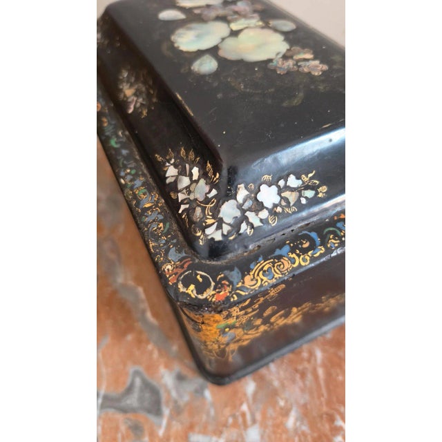 Wood Antique Victorian Papier Mache Tea Caddy Mother of Pearl Inlay Black Lacquer Box Cut Crystal Mixing Bowl 19th Century For Sale - Image 7 of 17