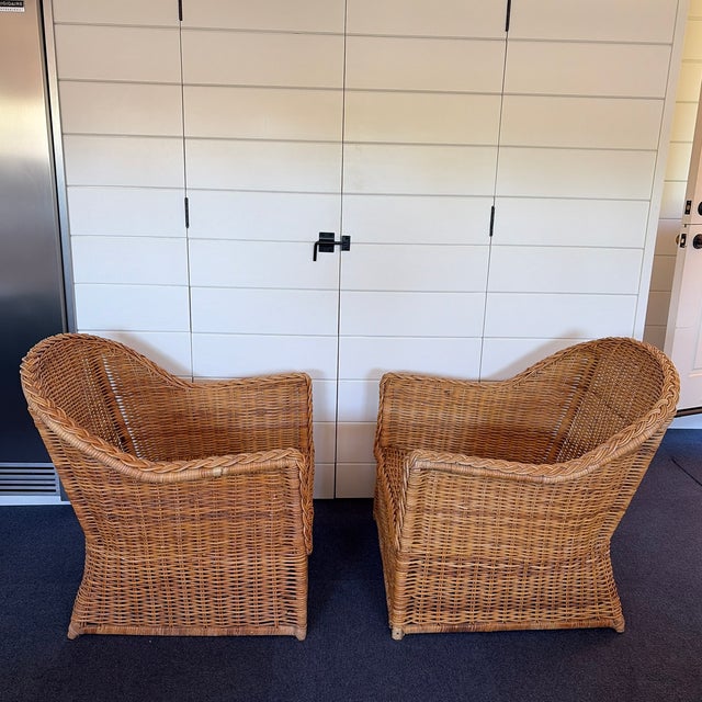 Pair of Vintage Woven Rattan/wicker Barrel-style Accent Chairs For Sale - Image 9 of 12