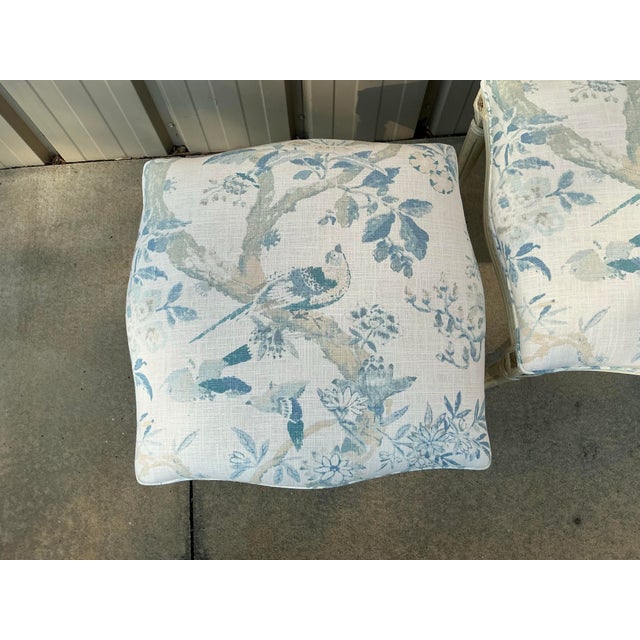 French Louis XVI Style Painted Ottomans W/ Blue & White Linen Upholstery - Pair For Sale In Atlanta - Image 6 of 6