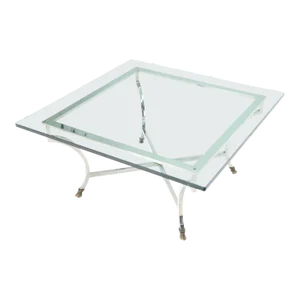 Square Chrome and Brass Hoof Feet Base Thick Glass Top Coffee Table