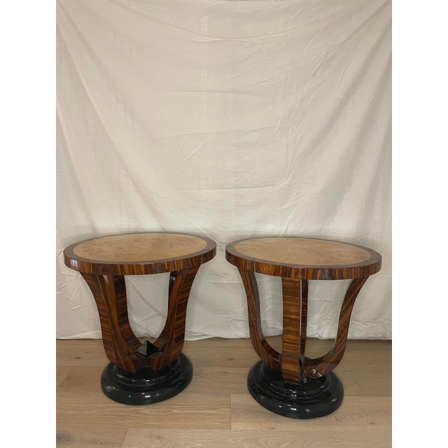 Pair of contemporary Italian Art Deco-inspired side tables. Embodying the bold geometric glamour of the interwar period,...