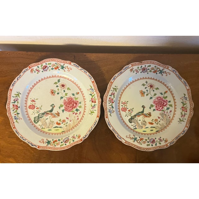 Antique 18th Century Chinese Export Famille Rose Porcelain Plates in the Twin Peacock and Peony Pattern - A Pair For Sale - Image 11 of 12