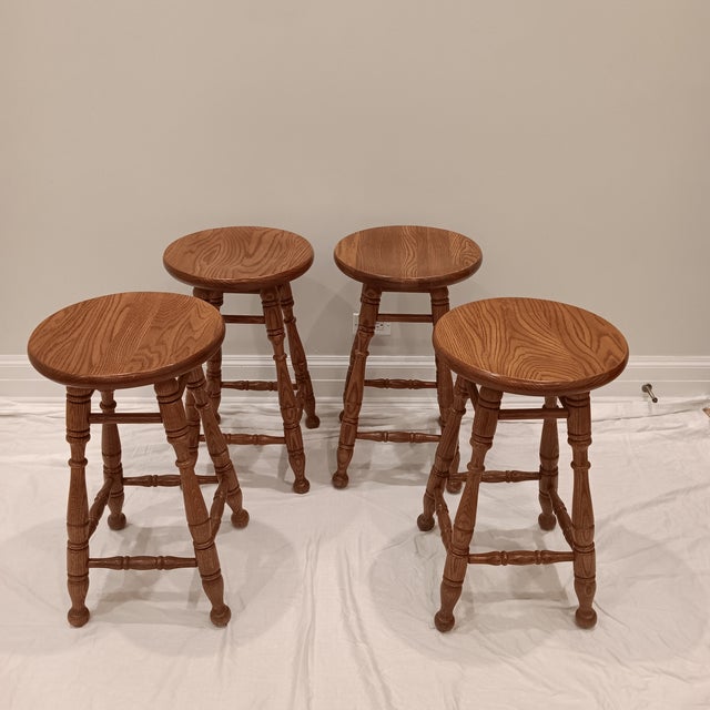 Wood Vintage Rustic Farmhouse Solid Oak Tell City Backless Barstool With Paisley Print Seat Cushion For Sale - Image 7 of 17