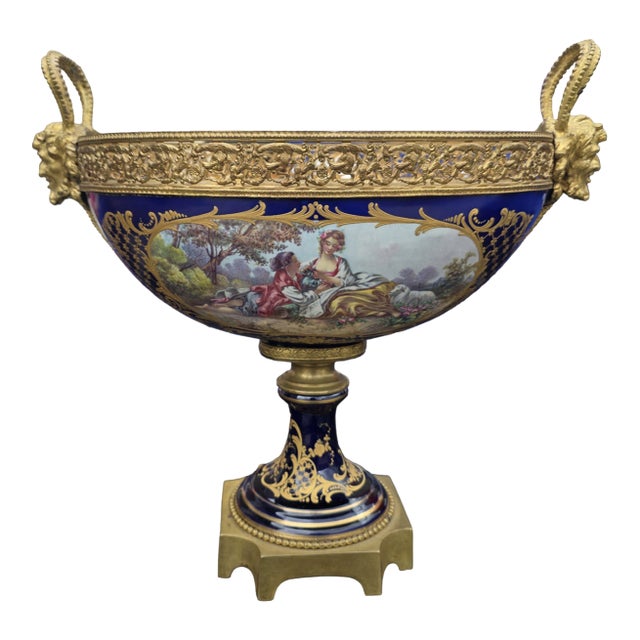 Antique French Sevres Style Porcelain & Gilt Bronze Centerpiece Urn With Figural Handles For Sale