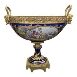 Antique French Sevres Style Porcelain & Gilt Bronze Centerpiece Urn With Figural Handles