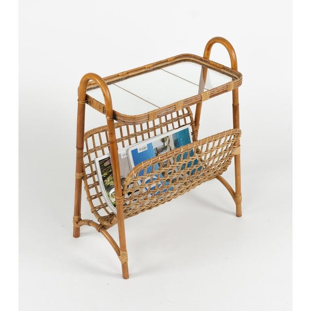 1960s Mid-Century Bamboo, Rattan and Glass Side Table with Magazine Rack, Italy, 1960s For Sale - Image 5 of 18
