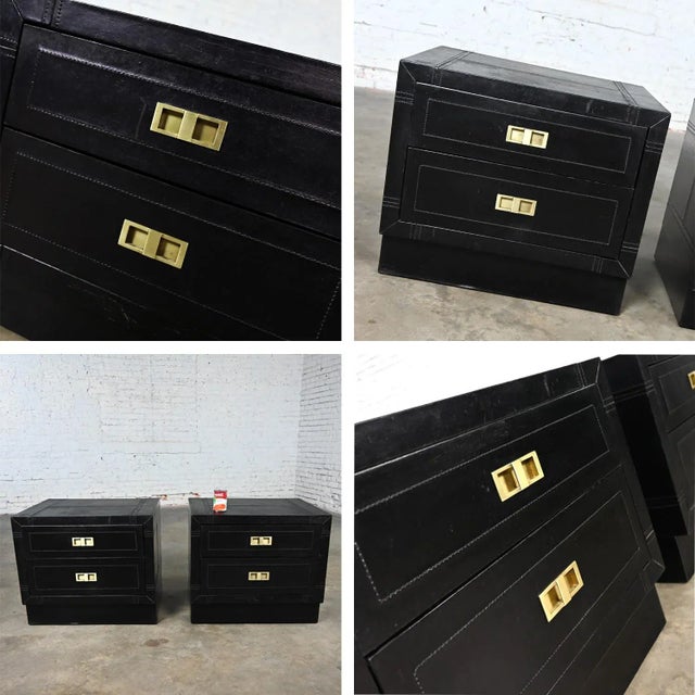 Wood Late 20th Century Modern Campaign Style Black Espresso Dyed Leather Covered End Tables Nightstands or Cabinets a Pair For Sale - Image 7 of 12