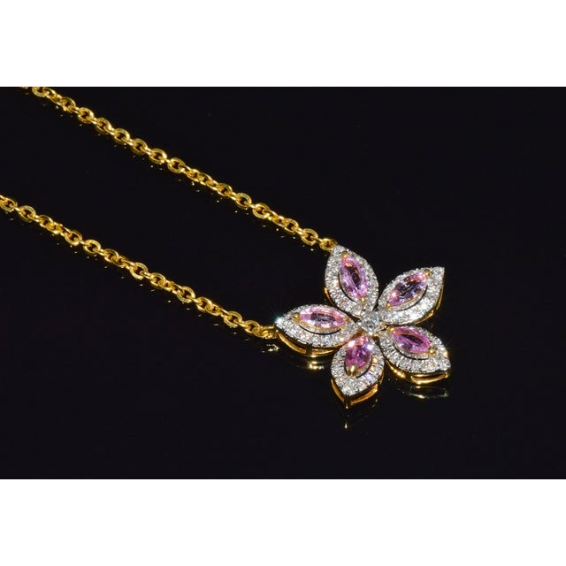 Late 20th Century Certified Natural 1.23cts Pink Sapphire & Diamond Floral Solid 18k Yellow Gold Necklace For Sale - Image 9 of 13