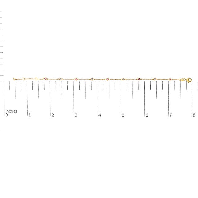 14K Yellow Gold Alternating Red Ruby and White Diamond Bezel Station Chain Bracelet (I-J Color, SI2-I1 Clarity) - 8" Inches For Sale - Image 4 of 6