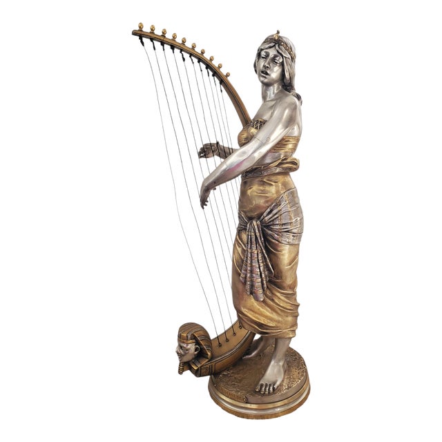 Large 19th Century Parcel Gilt, Silvered Bronze Female Harpist Musician by Georges Charles Coudray For Sale