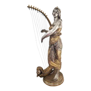 Large 19th Century Parcel Gilt, Silvered Bronze Female Harpist Musician by Georges Charles Coudray