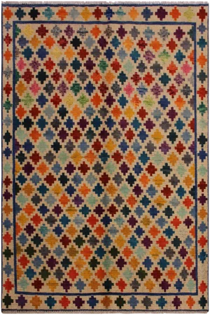 1990s Abstract Balouchi Ivory/Blue Wool Rug - 4'10 X 6'6